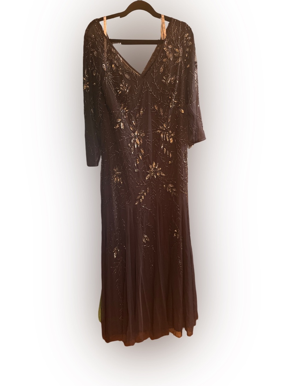 Oleg Cassini Brown Long Sleeve Beaded Evening Gown